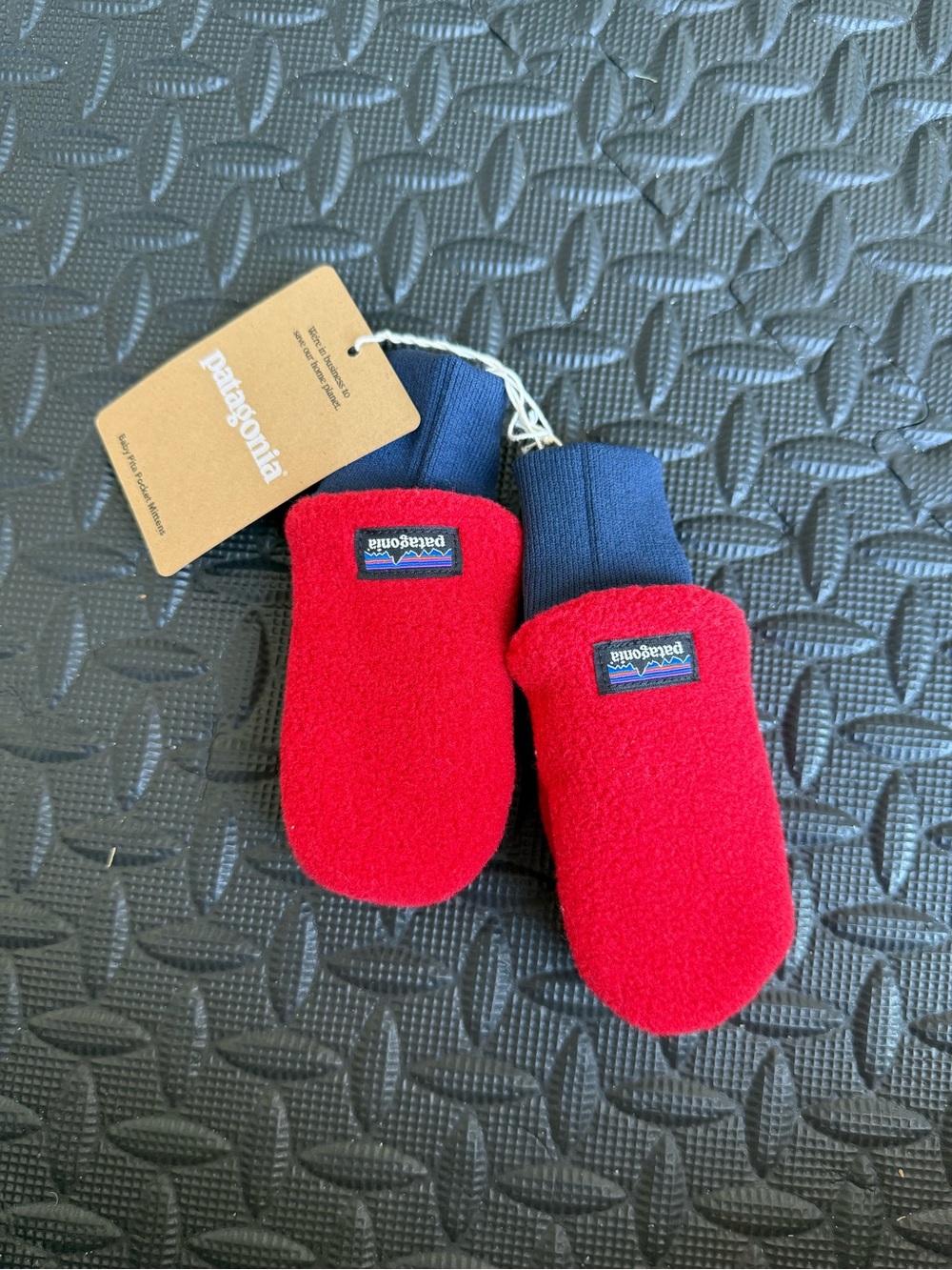 Patagonia Red Fleece Kids Mittens with Navy Cuffs